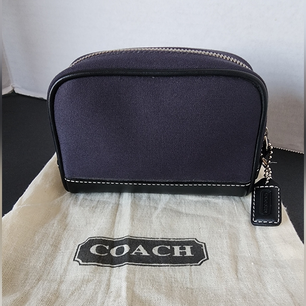 NWOT Coach Vintage Hampton Cosmetic Travel Pouch, Navy Blue & Black, Dust Bag